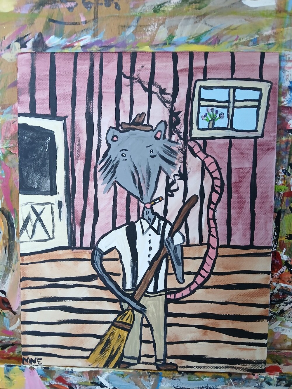 Possum Sweeping Porch Painting Folk Art
